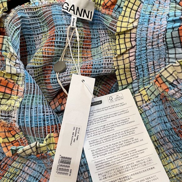 New Ganni Smocked Plaid Seersucker Maxi Dress 40, 8, M $285 - Picture 7 of 10
